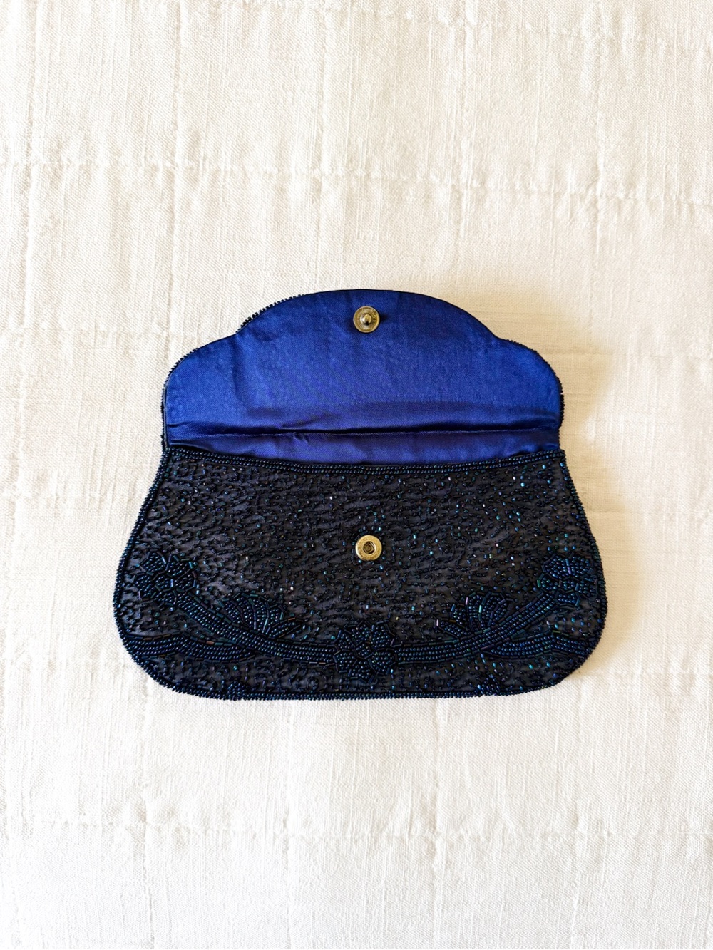 Vintage Navy Blue Beaded Envelope Clutch Purse – Intricate Floral Beadwork